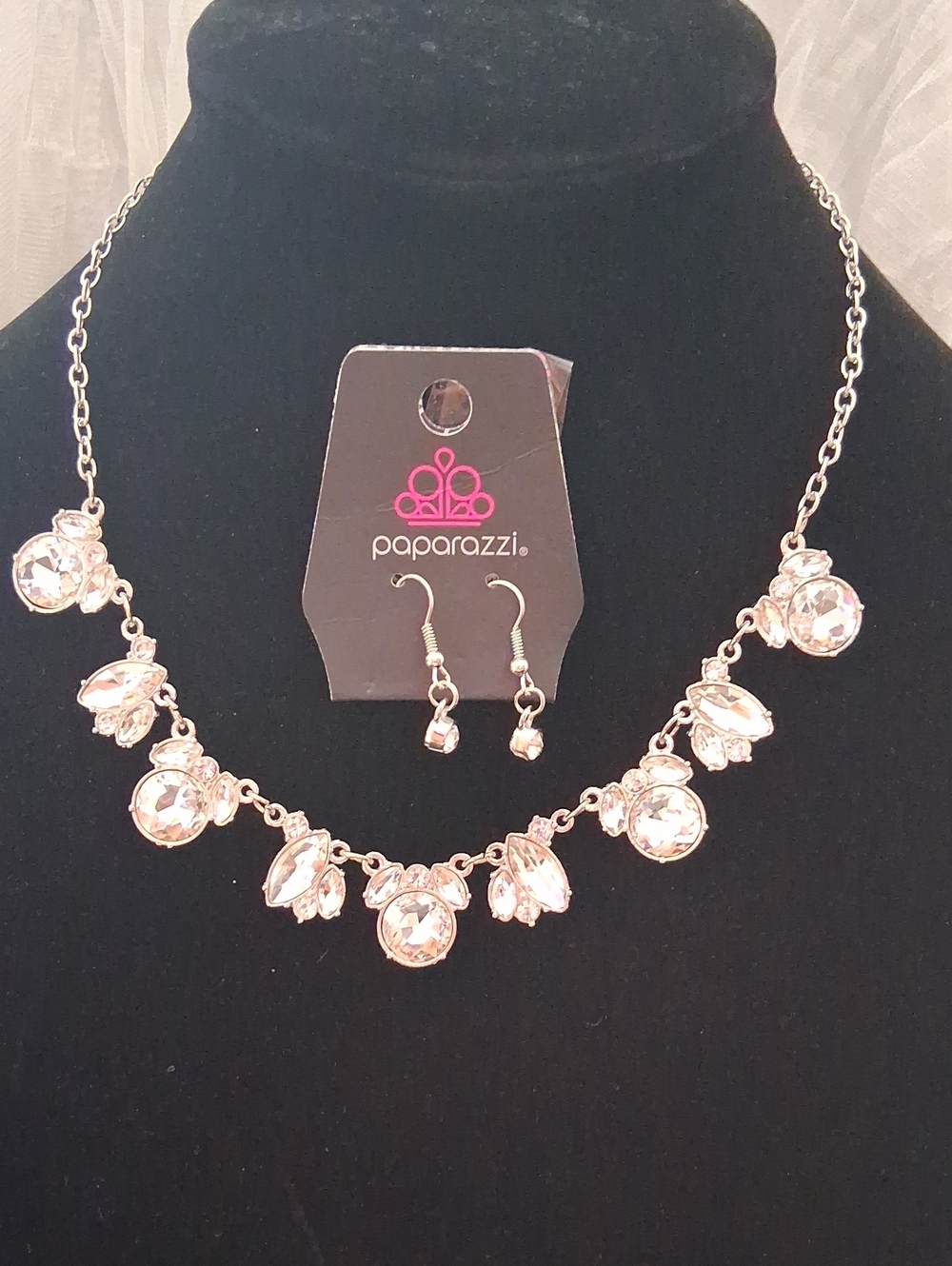 paparazzi Silver Clear Crystal Dainty Statement Necklace and Earrings